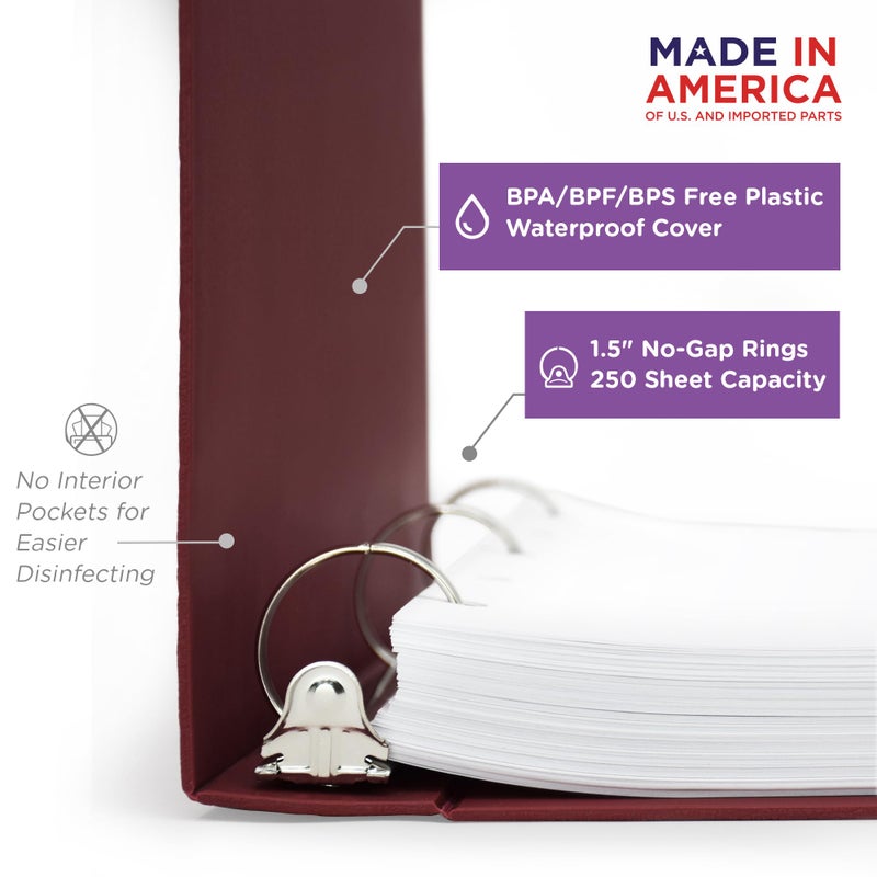 Carstens 1.5-Inch Heavy Duty 3-Ring Binder - Side Opening, Wine, Durable Plastic, Precision No-Gap Rings, Waterproof Cover, No Pockets, Holds 250 US Letter Sheets, BPA-Free, Made in USA (2021-3R) - Image 2